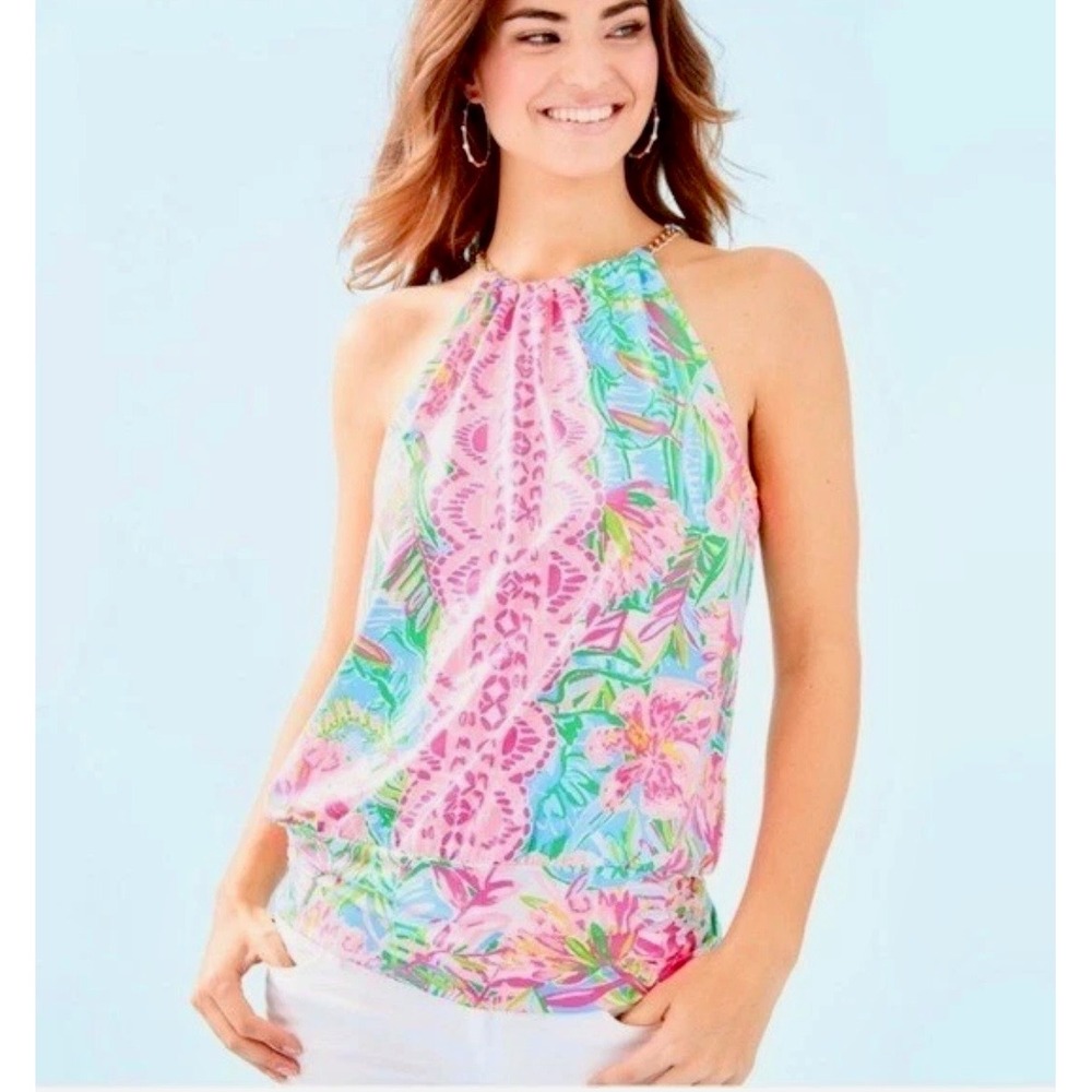 Lilly Pulitzer Silk Halter Top Pink Green Tropical Floral Gold Chain Neck Blouse